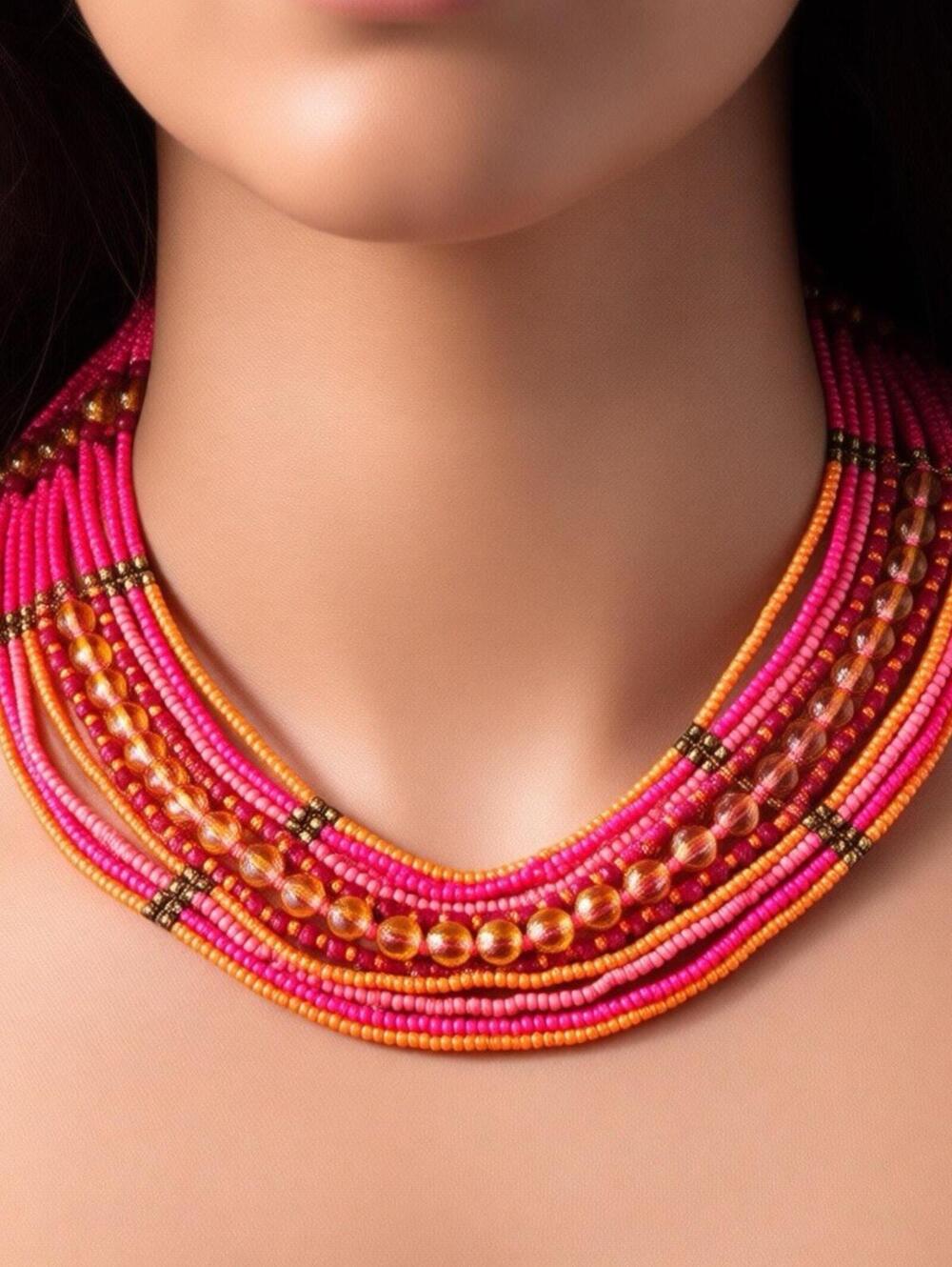 Boho Ethnic Multi Layer 11” Seed Bead Necklace Pink Orange Gold Tone Bib